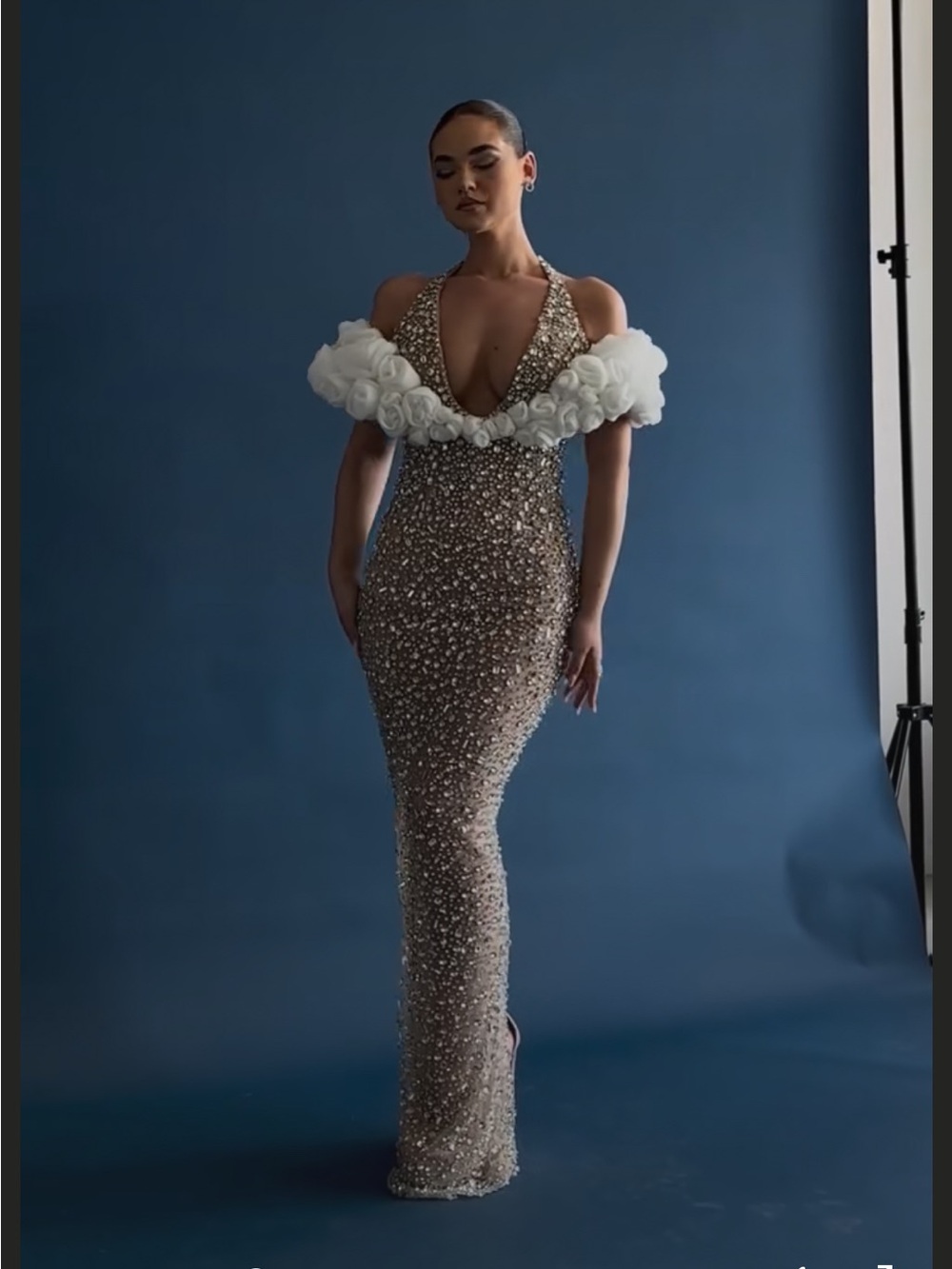 Nude Rhinestone Maxi Gown with White Floral Off-Shoulder Trim
